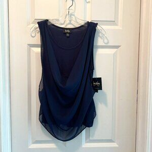 Sleeveless Navy Blouse, Stretch Fabric with Gauzy Draped Front Layer, Scoop Neck